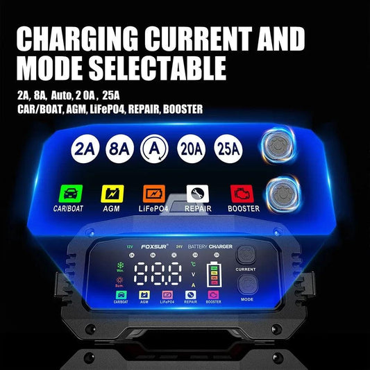 Portable 25A/15A Smart Car Battery Charger for 12V-24V Motorcycle Lead Acid AGM GEL LiFePo4 Batteries Car Booster Pulse Repair - MANDOTOS