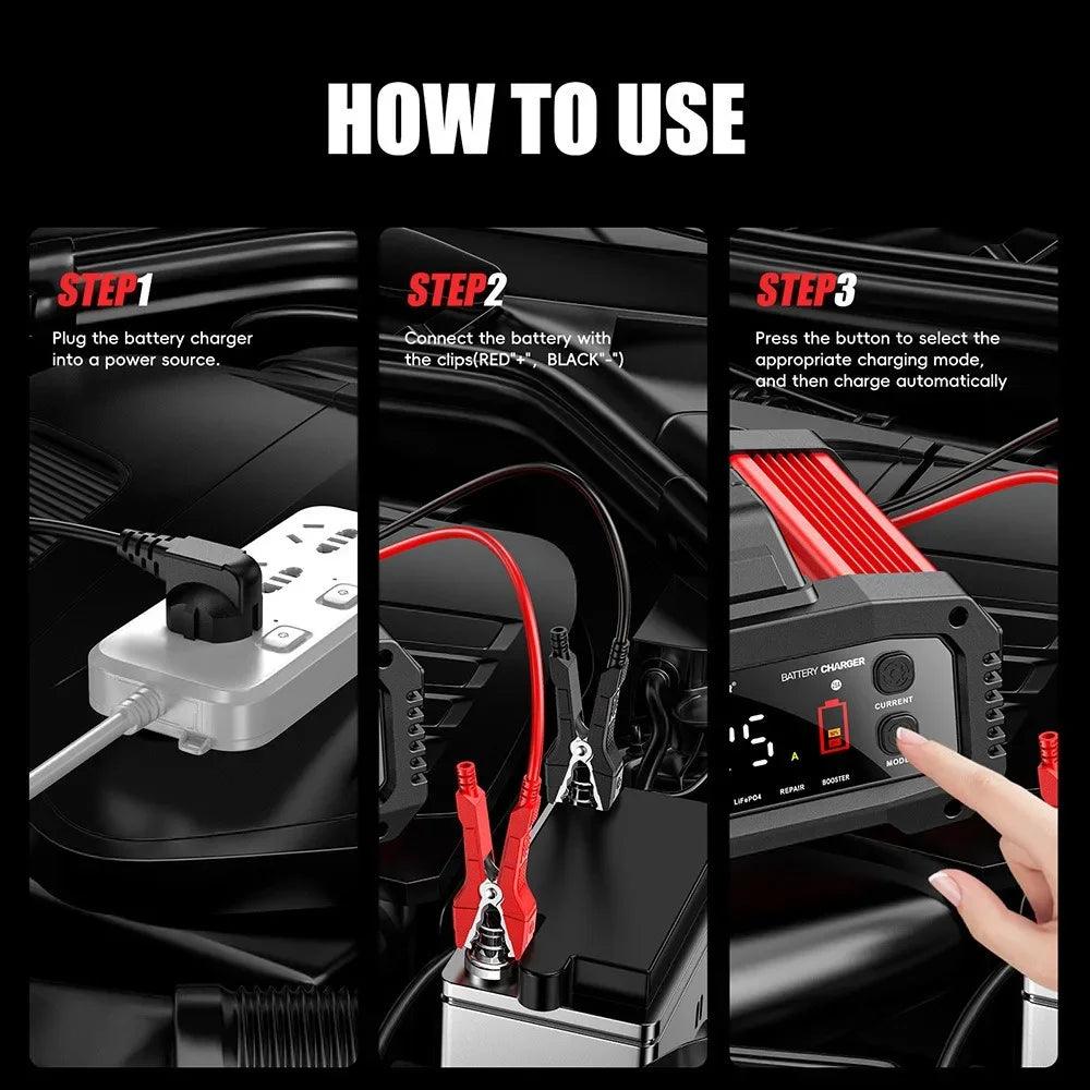 Portable 25A/15A Smart Car Battery Charger for 12V-24V Motorcycle Lead Acid AGM GEL LiFePo4 Batteries Car Booster Pulse Repair - MANDOTOS