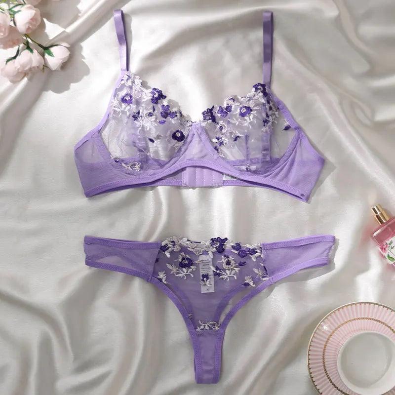Round Up Night Beautiful Sexy Women 2 Piece Floral Embroidery Underwear Sexy Erotic Lingerie Underwear Lenceria Sexy Sets - MANDOTOS