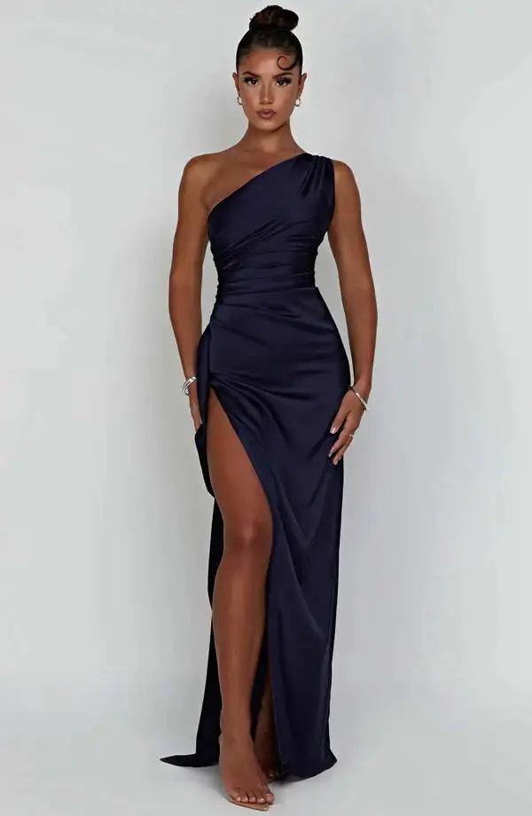 Satin Elegance One-Shoulder Prom Gown - MANDOTOS