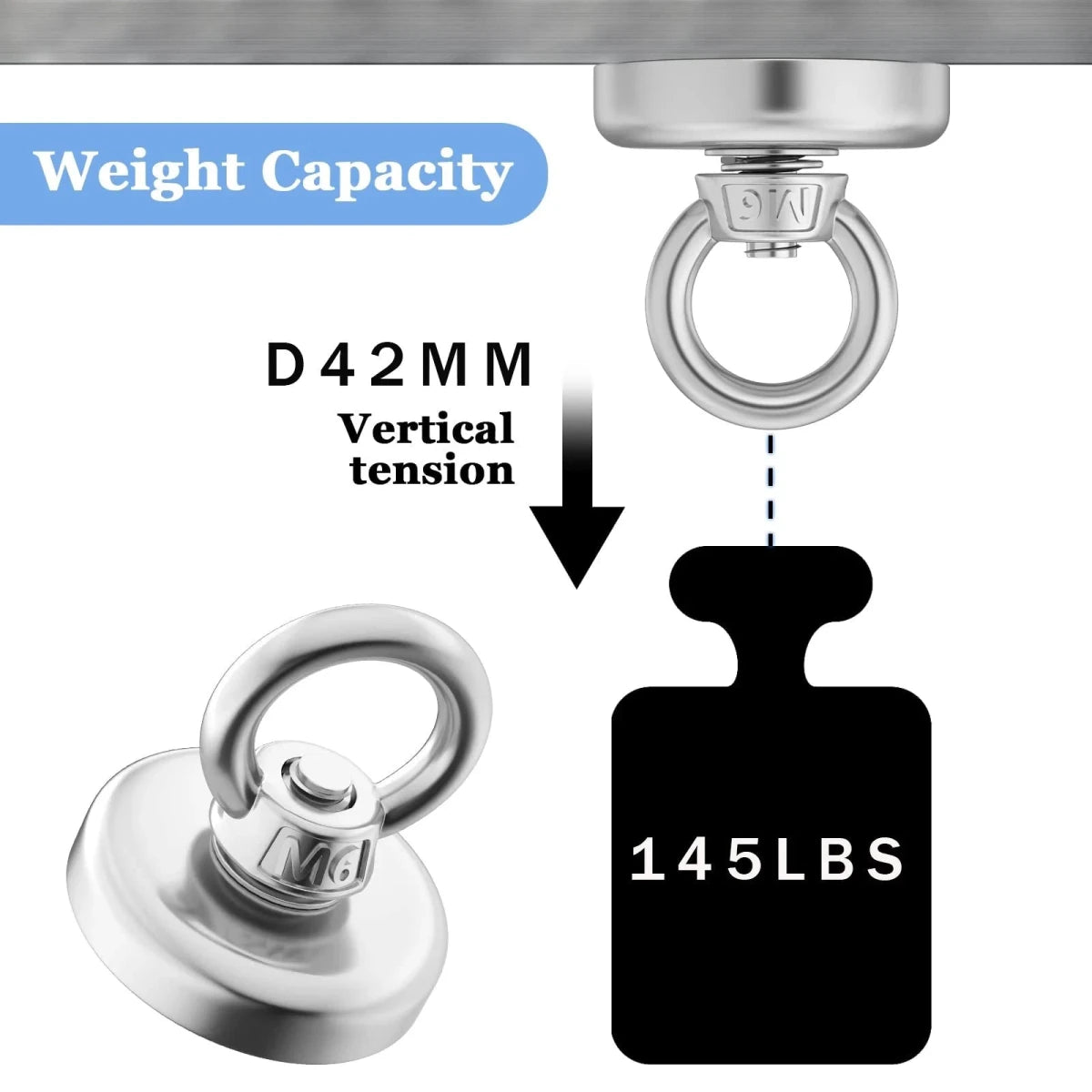 Super strong neodymium fishing magnet with countersunk hole and eyebolt for salvage and magnetic fishing applications.