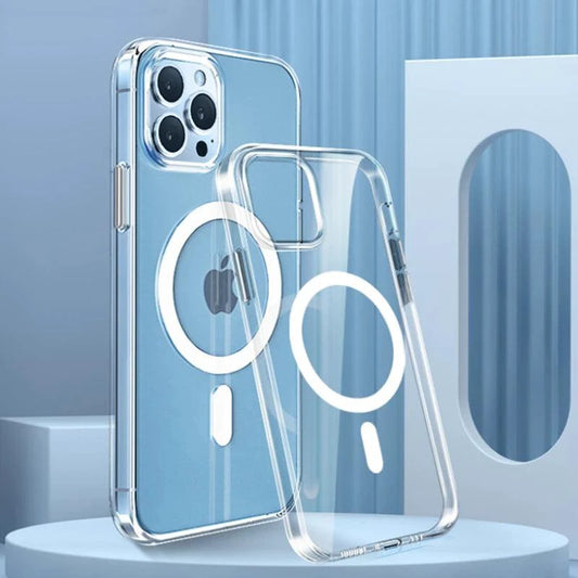MagSafe compatible clear iPhone case for iPhone 12 to 16 Pro Max with magnetic design and wireless charging capability.