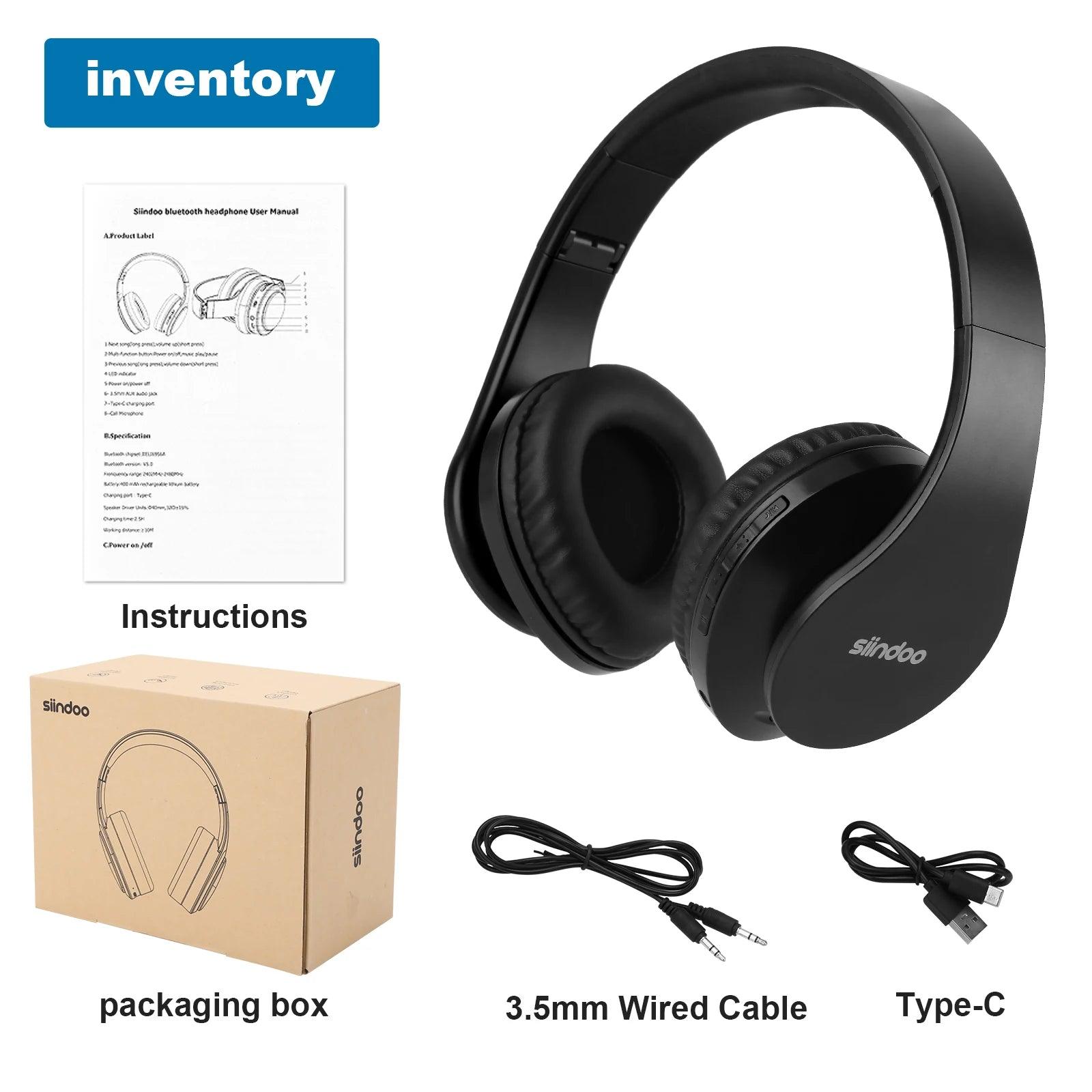 Siindoo JH-812 Black Bluetooth Headphone Foldable Stereo Music Earphones FM and Support SD Card with Mic for Mobile Samsung PC - MANDOTOS