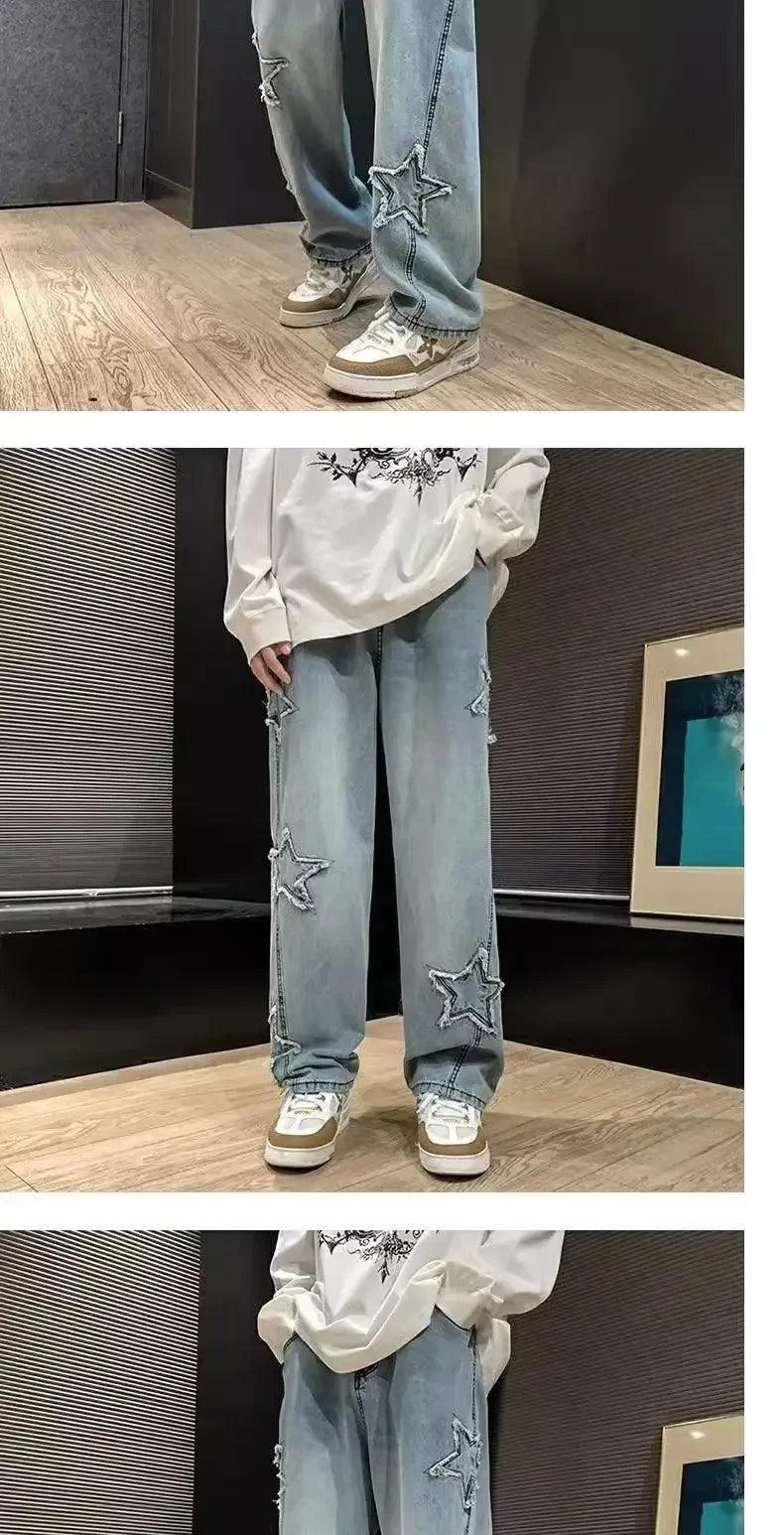 Stars Patchwork Men Jeans New Fashion Y2K Tassel Pants Korea Clothes Straight Hip Hop Splicing Trousers Male Streetwear - MANDOTOS