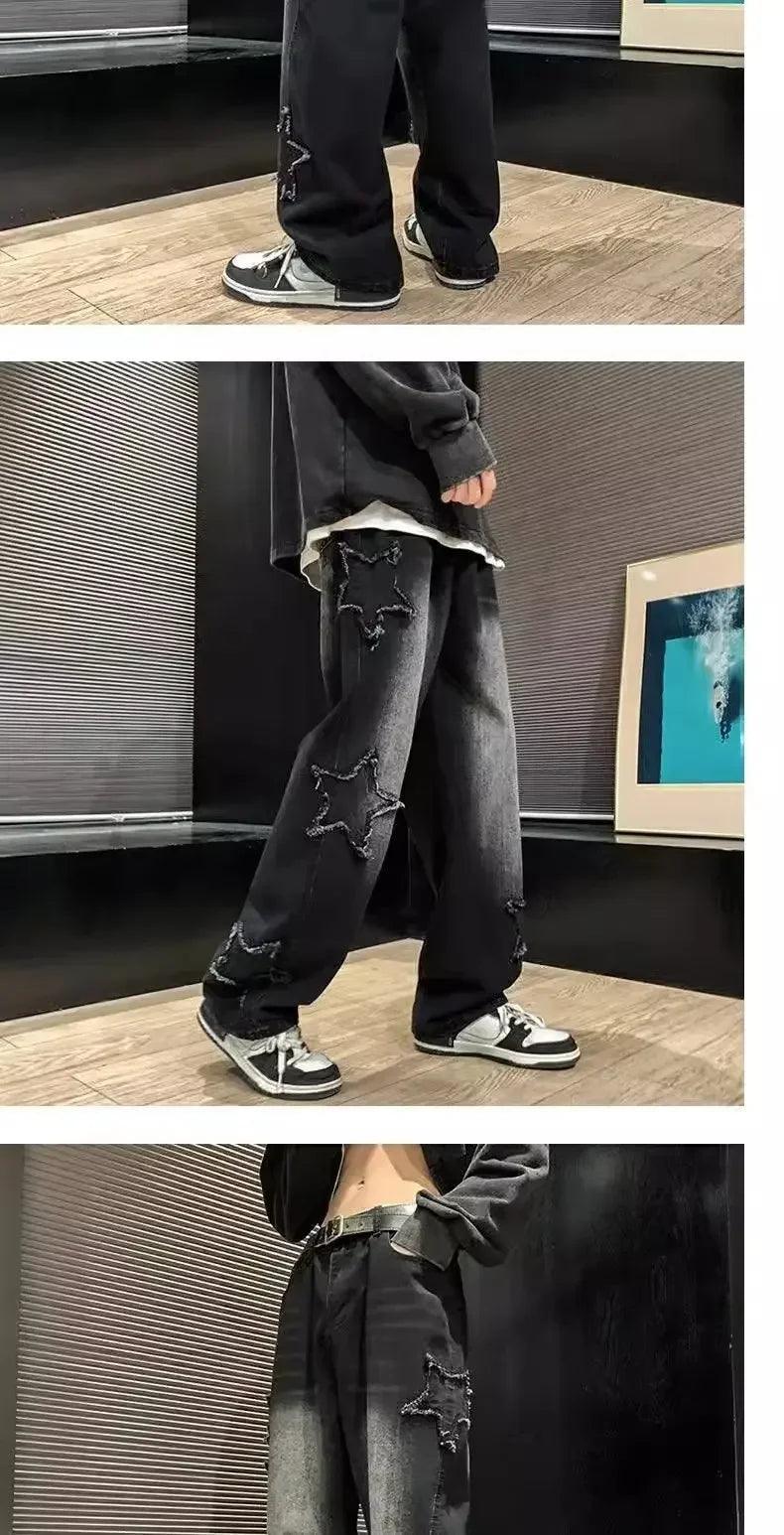 Stars Patchwork Men Jeans New Fashion Y2K Tassel Pants Korea Clothes Straight Hip Hop Splicing Trousers Male Streetwear - MANDOTOS