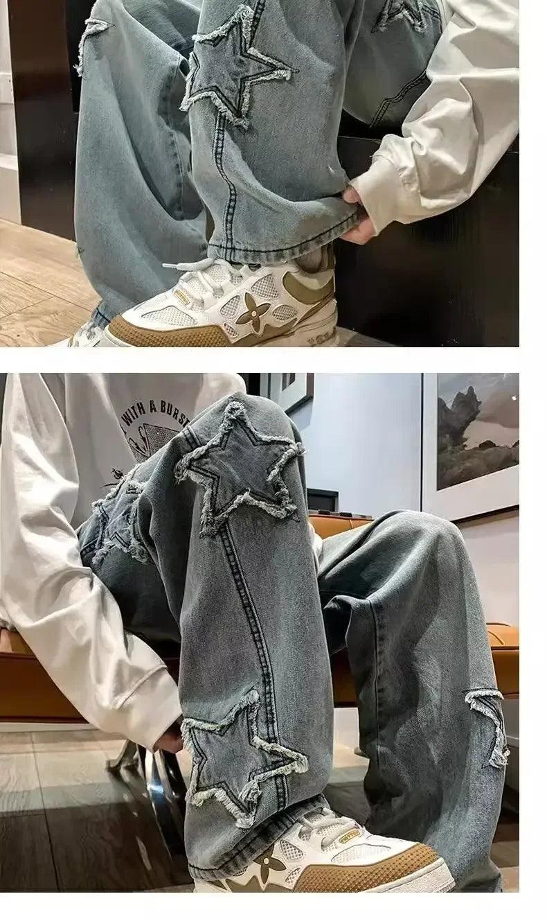 Stars Patchwork Men Jeans New Fashion Y2K Tassel Pants Korea Clothes Straight Hip Hop Splicing Trousers Male Streetwear - MANDOTOS