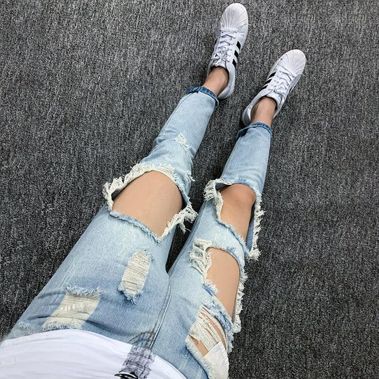 Summer Big Ripped Oversized Jeans Men's Cropped Jeans Men's Trendy K-style Beggar Scrape Cropped Ripped Pants - MANDOTOS