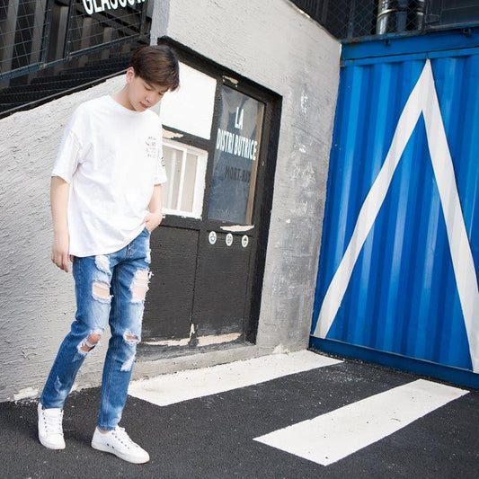 Summer Big Ripped Oversized Jeans Men's Cropped Jeans Men's Trendy K-style Beggar Scrape Cropped Ripped Pants - MANDOTOS