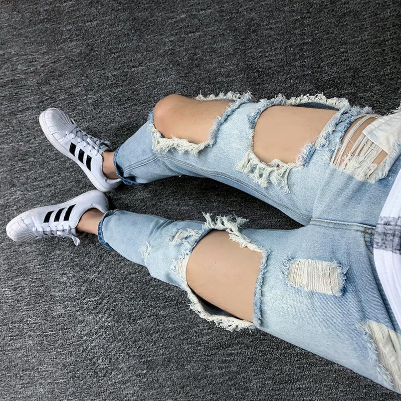 Summer Big Ripped Oversized Jeans Men's Cropped Jeans Men's Trendy K-style Beggar Scrape Cropped Ripped Pants - MANDOTOS