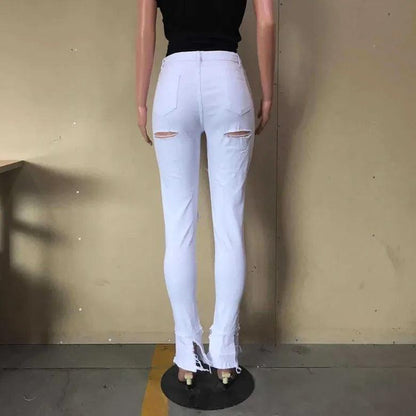Summer Women Washed Ripped Jeans Fashion Sexy High Waist Skinny Denim Jeans Black Hollow Out Bleached Pencil Pants - MANDOTOS