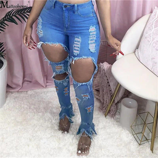 Summer Women Washed Ripped Jeans Fashion Sexy High Waist Skinny Denim Jeans Black Hollow Out Bleached Pencil Pants - MANDOTOS
