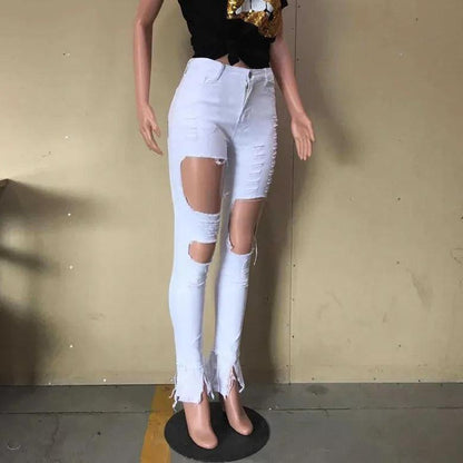 Summer Women Washed Ripped Jeans Fashion Sexy High Waist Skinny Denim Jeans Black Hollow Out Bleached Pencil Pants - MANDOTOS