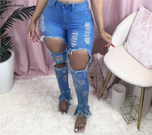 Summer Women Washed Ripped Jeans Fashion Sexy High Waist Skinny Denim Jeans Black Hollow Out Bleached Pencil Pants - MANDOTOS