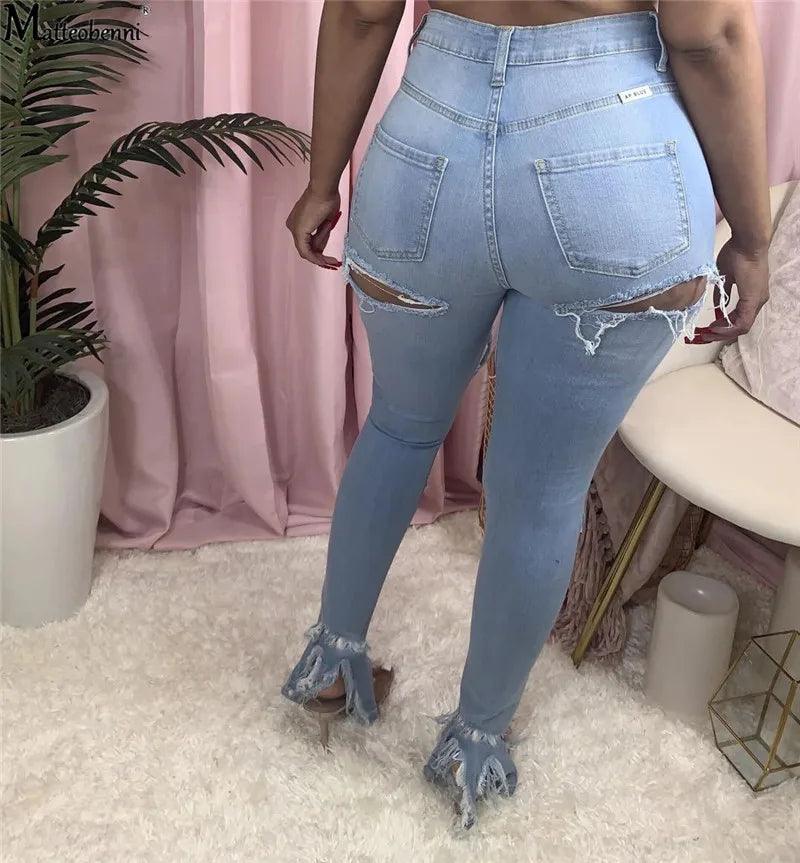 Summer Women Washed Ripped Jeans Fashion Sexy High Waist Skinny Denim Jeans Black Hollow Out Bleached Pencil Pants - MANDOTOS