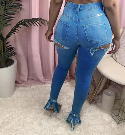Summer Women Washed Ripped Jeans Fashion Sexy High Waist Skinny Denim Jeans Black Hollow Out Bleached Pencil Pants - MANDOTOS