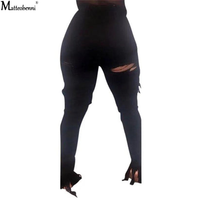 Summer Women Washed Ripped Jeans Fashion Sexy High Waist Skinny Denim Jeans Black Hollow Out Bleached Pencil Pants - MANDOTOS