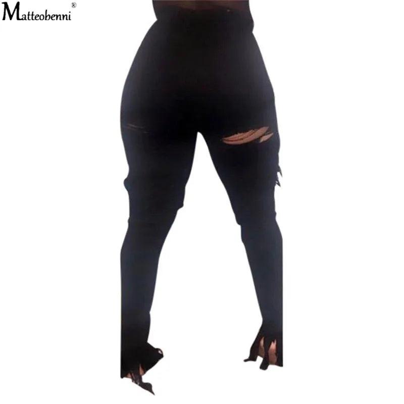 Summer Women Washed Ripped Jeans Fashion Sexy High Waist Skinny Denim Jeans Black Hollow Out Bleached Pencil Pants - MANDOTOS
