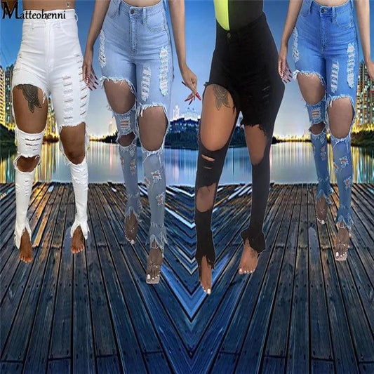 Summer Women Washed Ripped Jeans Fashion Sexy High Waist Skinny Denim Jeans Black Hollow Out Bleached Pencil Pants - MANDOTOS