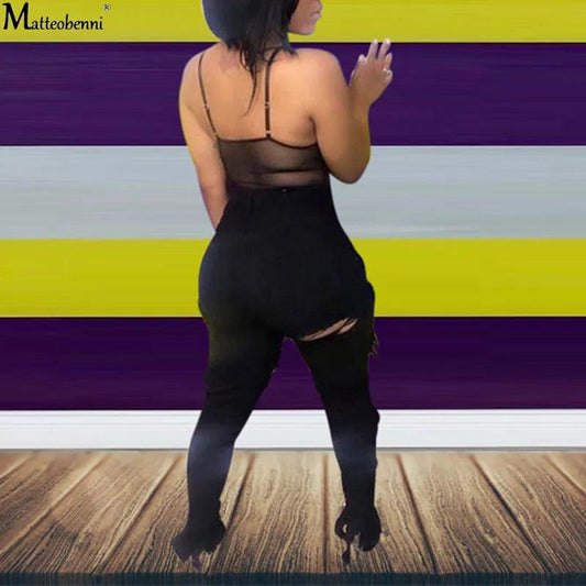 Summer Women Washed Ripped Jeans Fashion Sexy High Waist Skinny Denim Jeans Black Hollow Out Bleached Pencil Pants - MANDOTOS