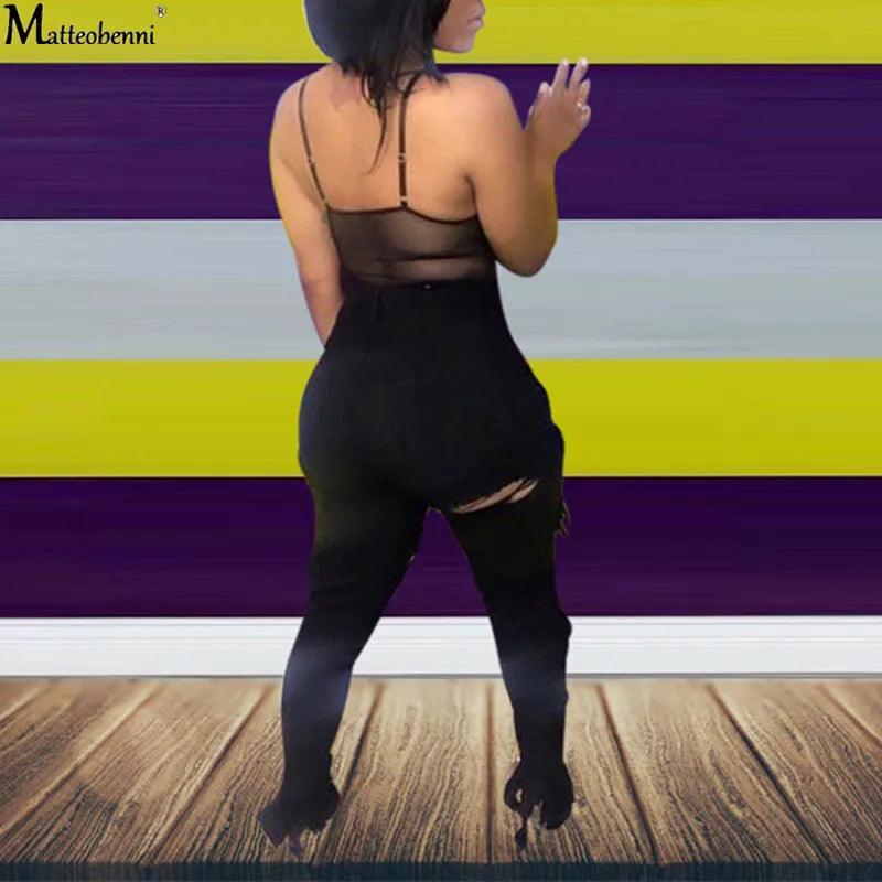 Summer Women Washed Ripped Jeans Fashion Sexy High Waist Skinny Denim Jeans Black Hollow Out Bleached Pencil Pants - MANDOTOS