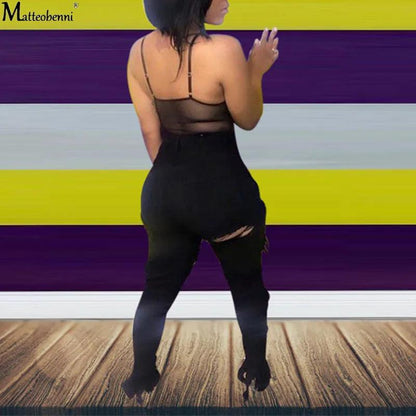 Summer Women Washed Ripped Jeans Fashion Sexy High Waist Skinny Denim Jeans Black Hollow Out Bleached Pencil Pants - MANDOTOS