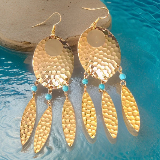 Navette Dream Catcher Earrings by The Urban Charm featuring turquoise accents, feathers, and intricate metalwork.