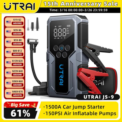 UTRAI 1500A Car Jump Starter Power Bank Portable 150PSI Air Pump Car Battery Emergency Boosters Starting Device Car Starter 2024 - MANDOTOS