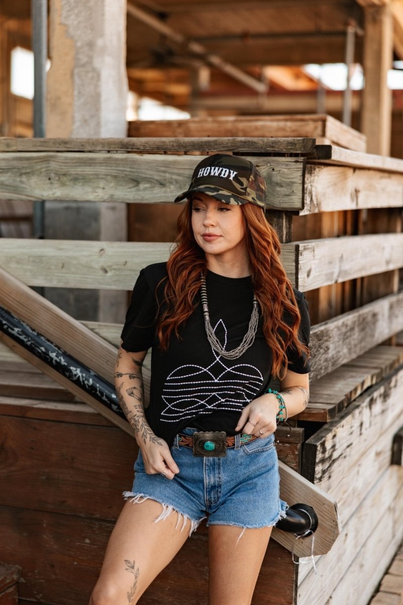 Black Wild Junkie Western graphic tee featuring the Original Viral Boot Stitch design, casual and stylish for everyday wear.