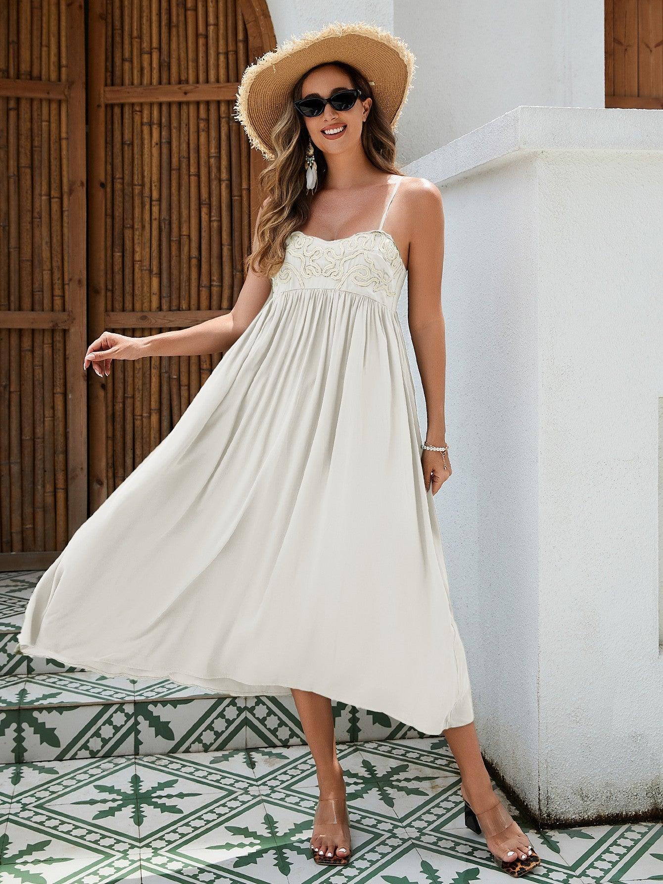 Women's Bohemian Maxi Dress - Breathable Rayon Fabric With Embroidered Bust And Elastic Back, Flowy Skirt In Black, White, And Green - MANDOTOS