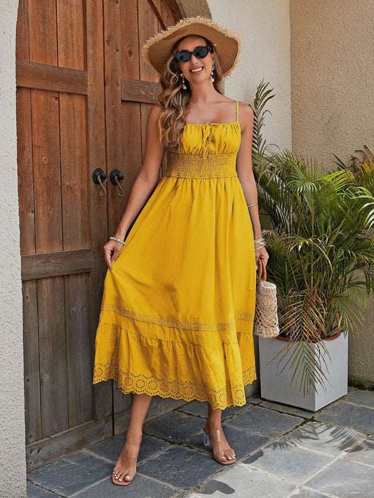 Women's Cotton Maxi Dress - Breathable Summer Dress With Embroidered Hem, Elastic Waist, And French Romantic Style - MANDOTOS