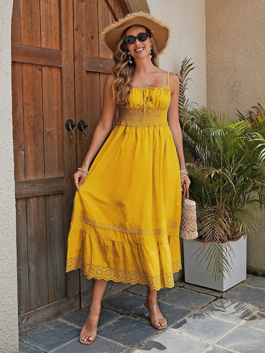 Mandotos French style cotton maxi dress for women with breathable fabric, embroidered hem, elastic waist, perfect for elegant summer wear.