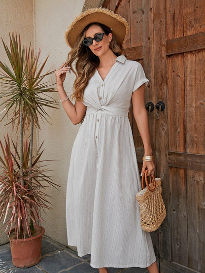 Women's Cotton Shirt Dress - Breathable X-Line Midi Dress With Knotted Waist Detail For A Flattering Fit - MANDOTOS