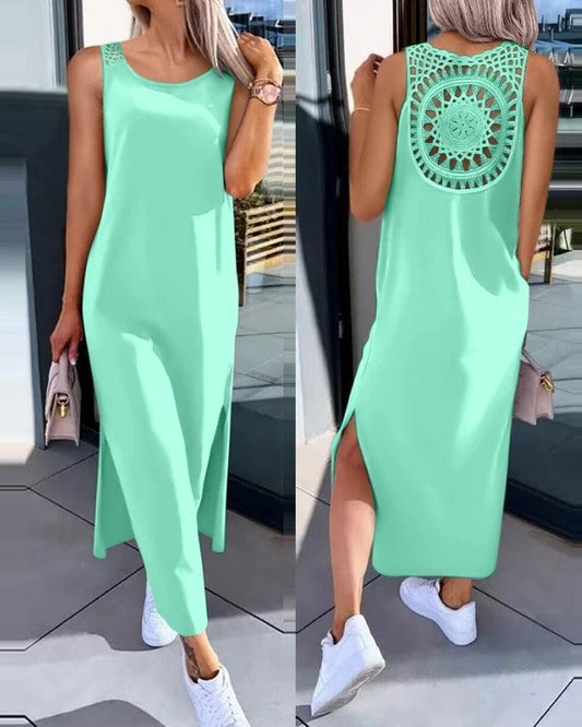 Womens Dresses 2024 Summer Fashion Slit Hollow-Out Casual Plain Round Neck Sleeveless Daily Straight Mid-Calf Dress - MANDOTOS