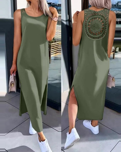 Womens Dresses 2024 Summer Fashion Slit Hollow-Out Casual Plain Round Neck Sleeveless Daily Straight Mid-Calf Dress - MANDOTOS