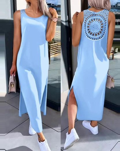 Womens Dresses 2024 Summer Fashion Slit Hollow-Out Casual Plain Round Neck Sleeveless Daily Straight Mid-Calf Dress - MANDOTOS