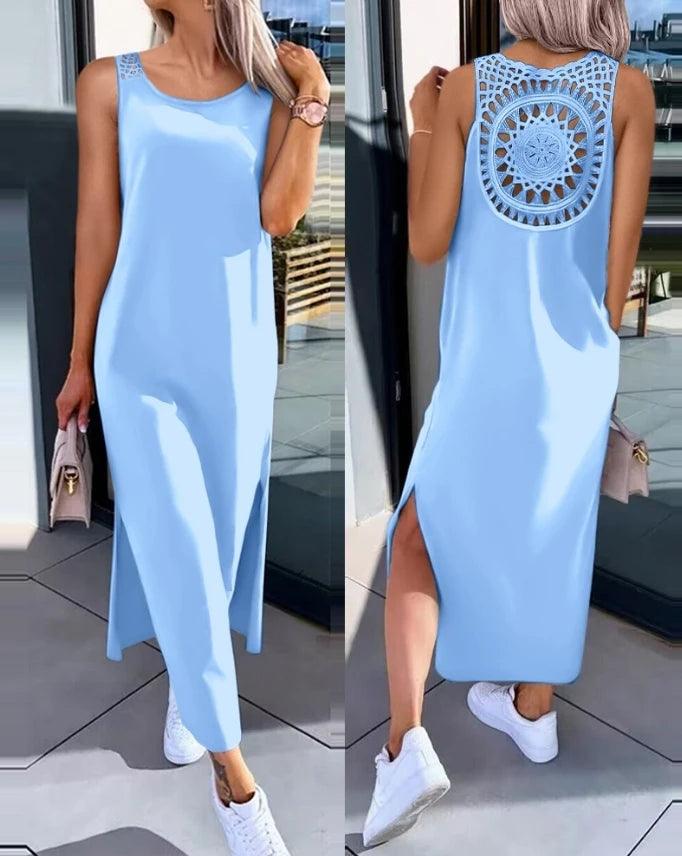Womens Dresses 2024 Summer Fashion Slit Hollow-Out Casual Plain Round Neck Sleeveless Daily Straight Mid-Calf Dress - MANDOTOS