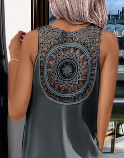 Womens Dresses 2024 Summer Fashion Slit Hollow-Out Casual Plain Round Neck Sleeveless Daily Straight Mid-Calf Dress - MANDOTOS