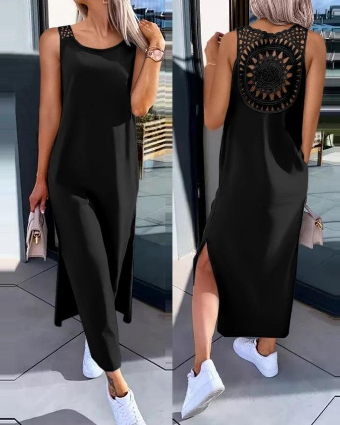 Womens Dresses 2024 Summer Fashion Slit Hollow-Out Casual Plain Round Neck Sleeveless Daily Straight Mid-Calf Dress - MANDOTOS