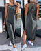 Womens Dresses 2024 Summer Fashion Slit Hollow-Out Casual Plain Round Neck Sleeveless Daily Straight Mid-Calf Dress - MANDOTOS