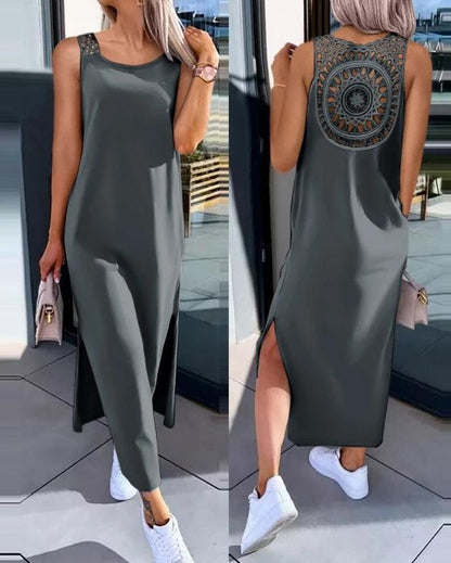 Womens Dresses 2024 Summer Fashion Slit Hollow-Out Casual Plain Round Neck Sleeveless Daily Straight Mid-Calf Dress - MANDOTOS