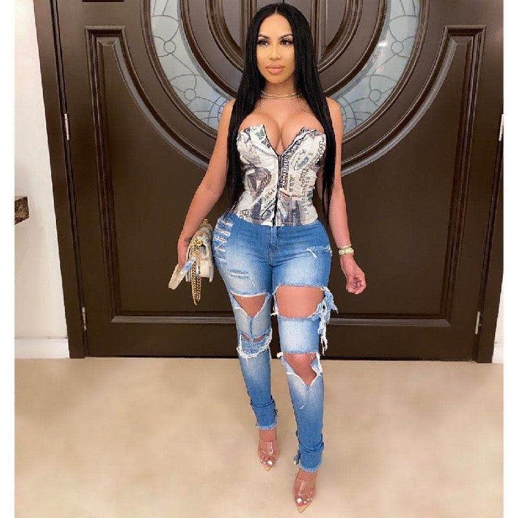 Women's Fashion Ripped High-waisted Slim Feet Pants - MANDOTOS