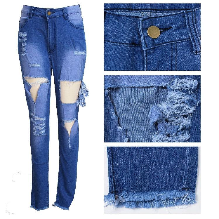 Women's Fashion Ripped High-waisted Slim Feet Pants - MANDOTOS