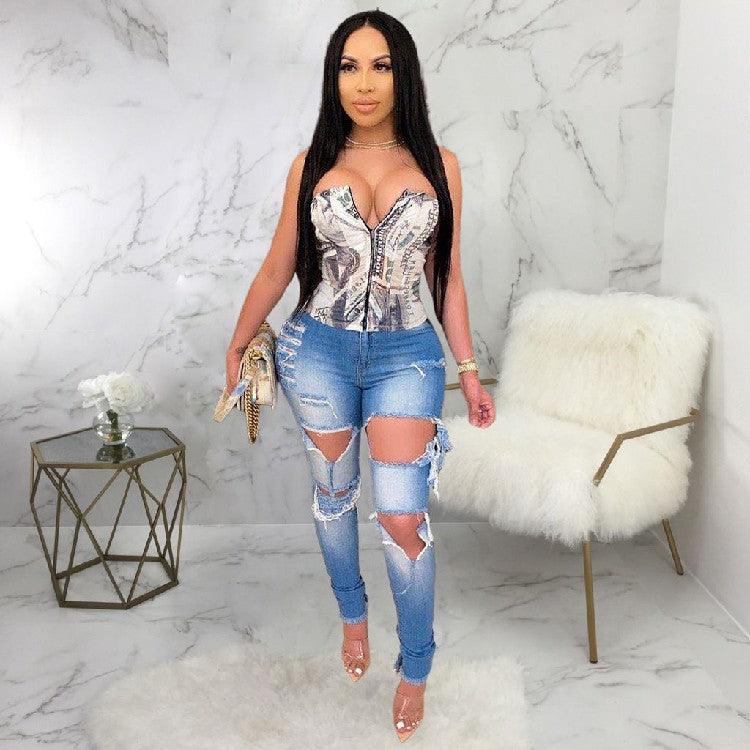 Women's Fashion Ripped High-waisted Slim Feet Pants - MANDOTOS