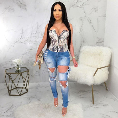 Women's Fashion Ripped High-waisted Slim Feet Pants - MANDOTOS