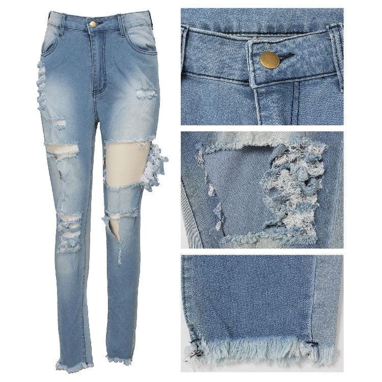 Women's Fashion Ripped High-waisted Slim Feet Pants - MANDOTOS