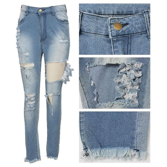 Women's Fashion Ripped High-waisted Slim Feet Pants - MANDOTOS