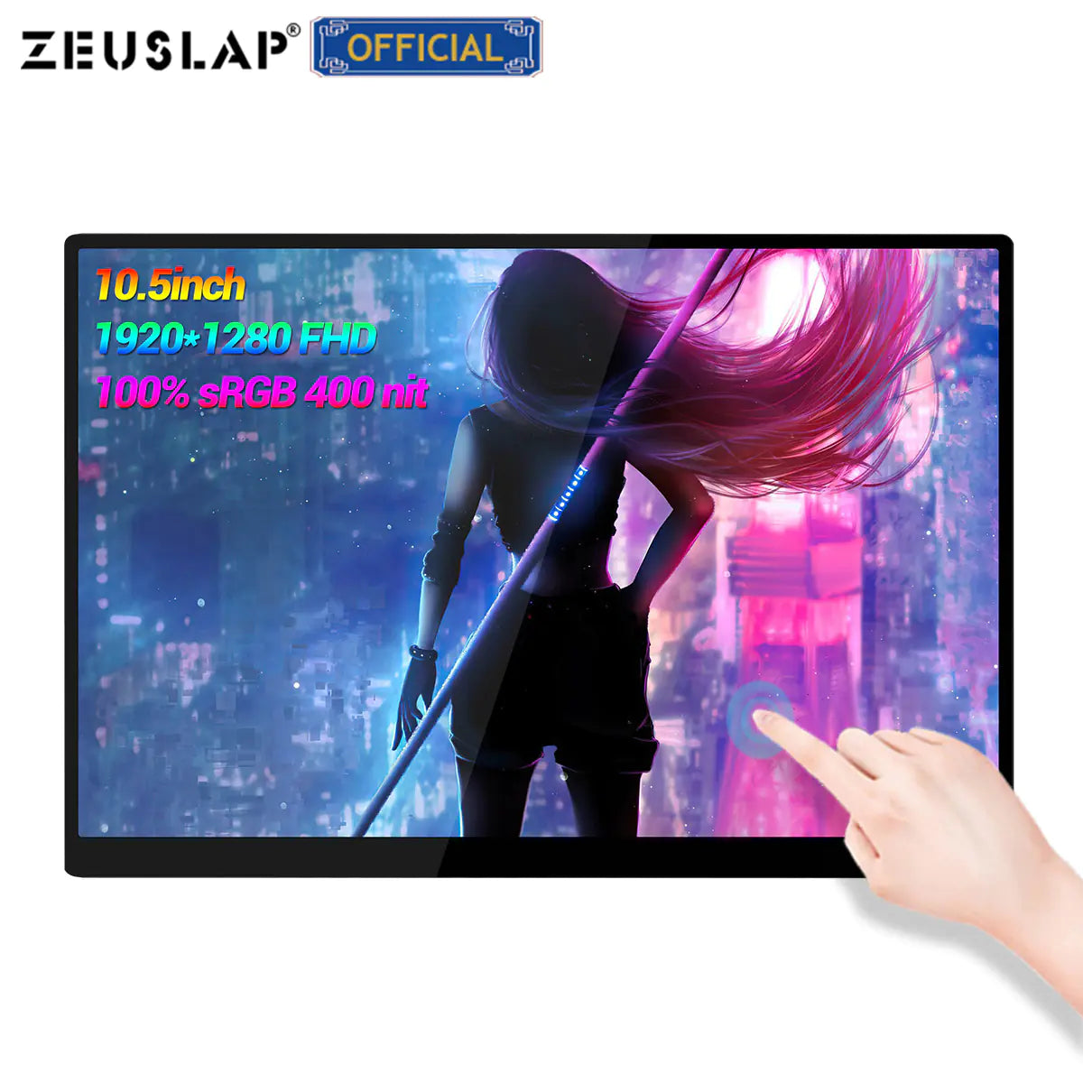 ZEUS 16'' 2.5K ultra-smooth portable gaming monitor with touchscreen and vibrant game scene.