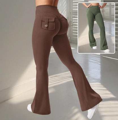 Yoga Fitness Flared Pants With Pockets Ins Fashion Slim High Waist Sports Trousers Scrunch Butt Booty Workout Lifting Leggings - MANDOTOS