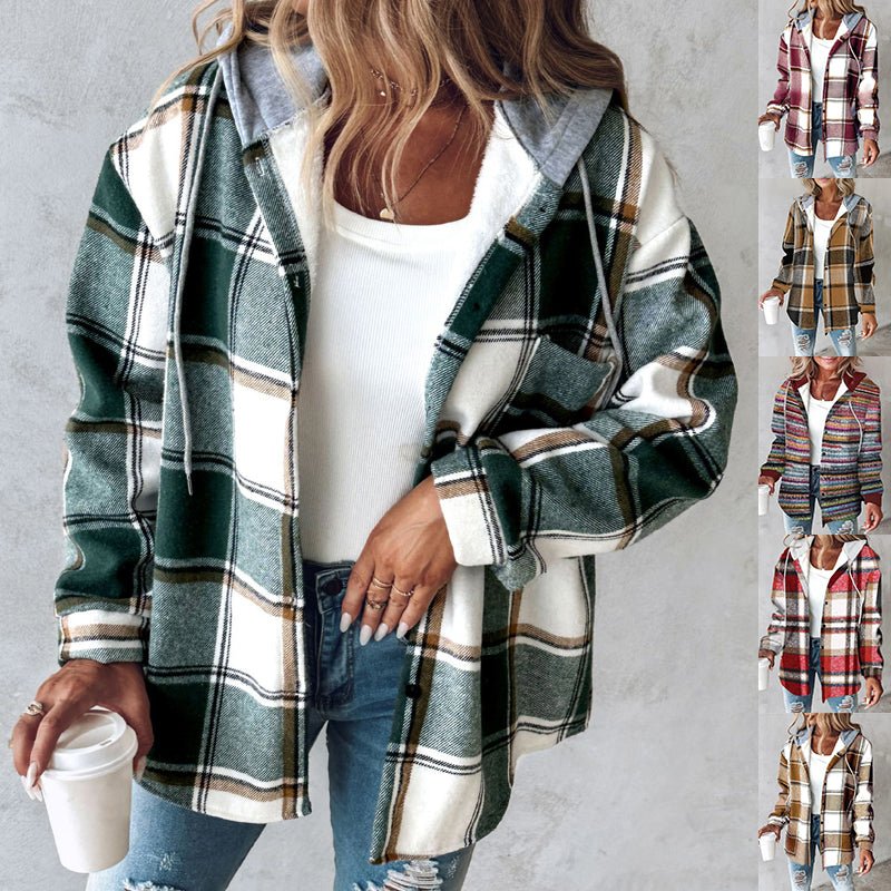 Ancient Energy women's plaid hooded jacket with casual style, button pockets, suitable for autumn and winter wear.