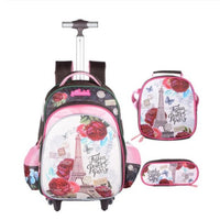 Pink Eiffel Tower rolling backpack with matching lunchbox and pencil case, Paris fashion theme